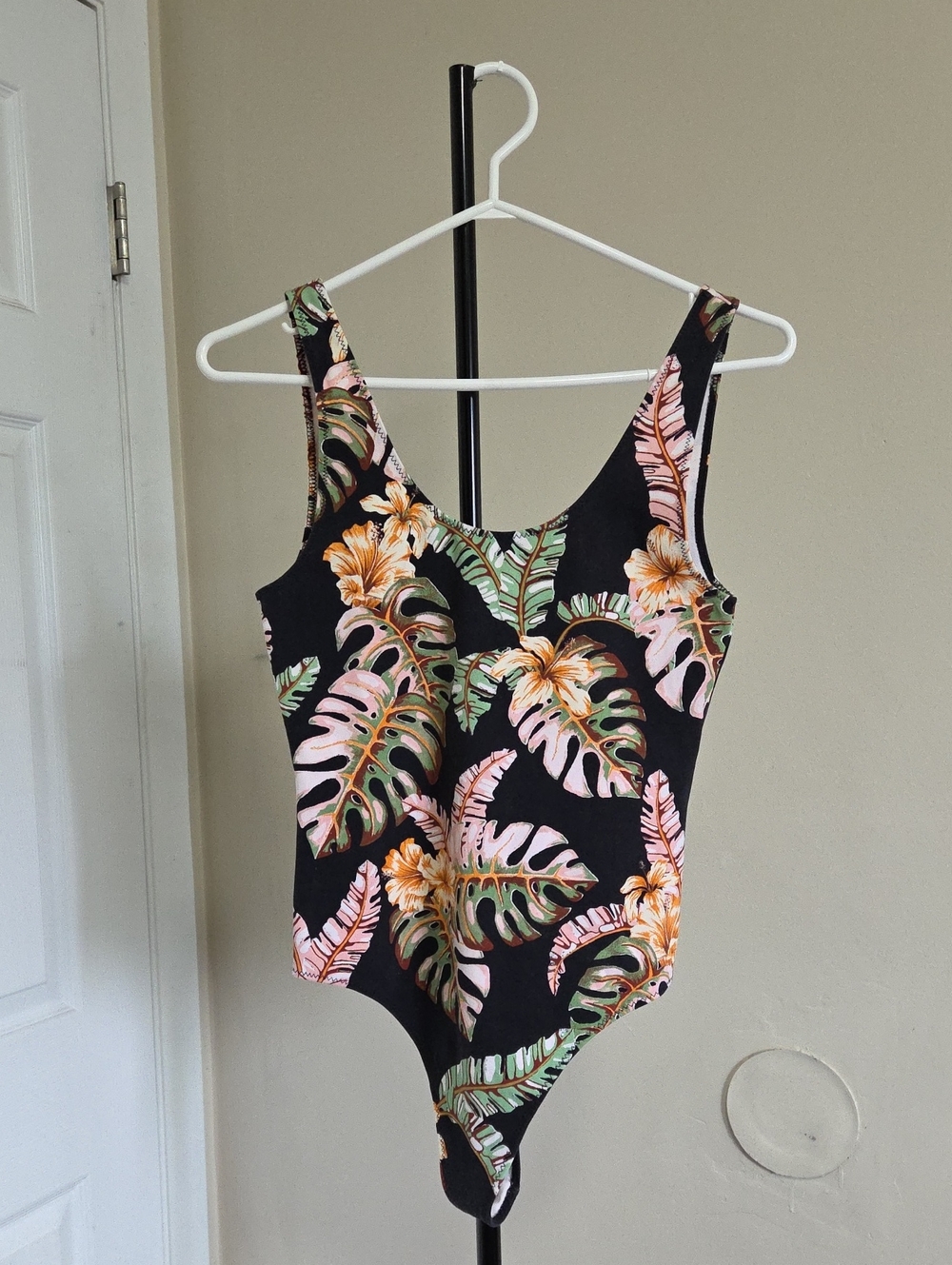 Wilfred Black Tropical Floral One-Piece Swimsuit with Pink and Green Leaves